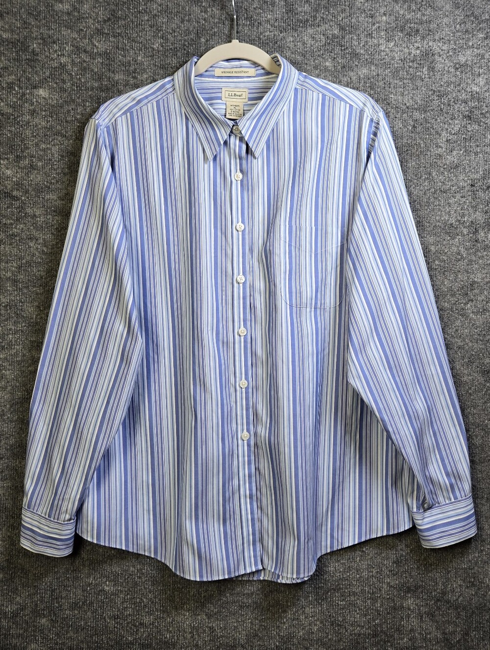 LL Bean Shirt Womens XL Blue Stripe Cotton Button Up Wrinkle Resist